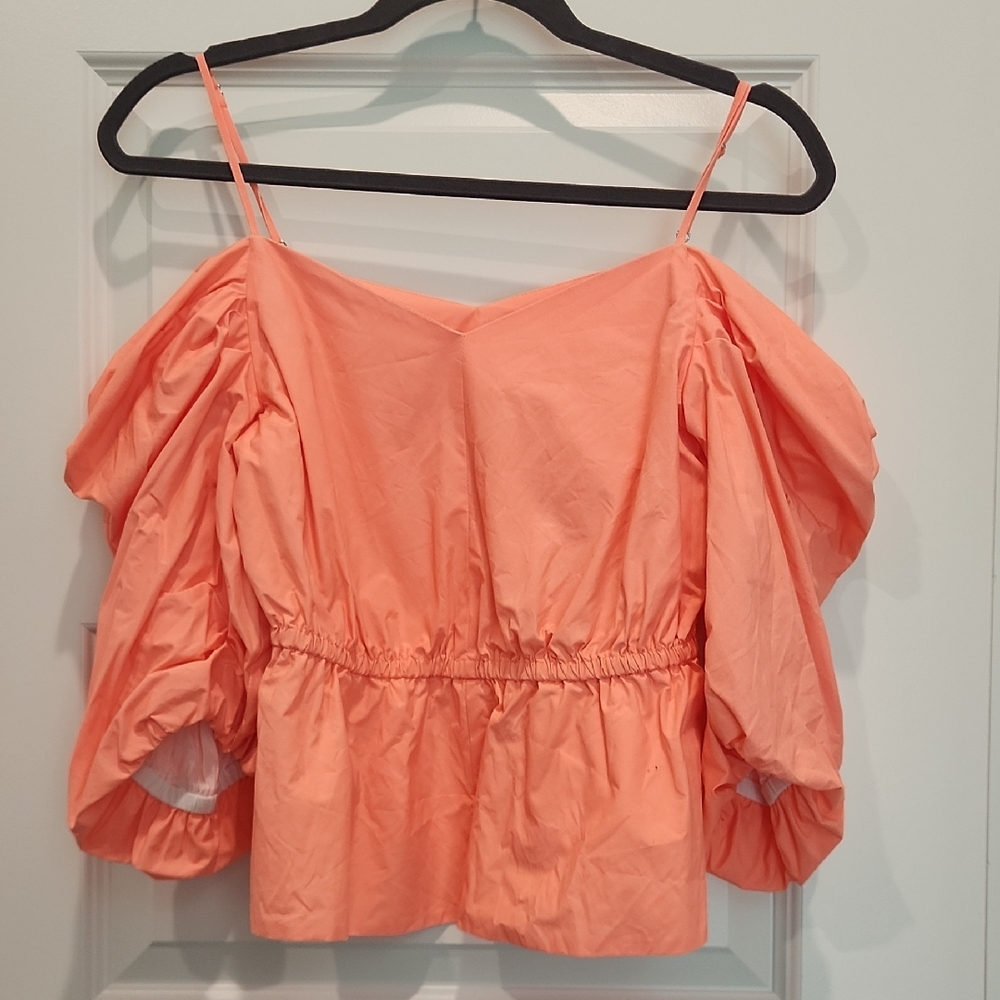 Tanya Taylor Coral Off-Shoulder Blouse in bright orange